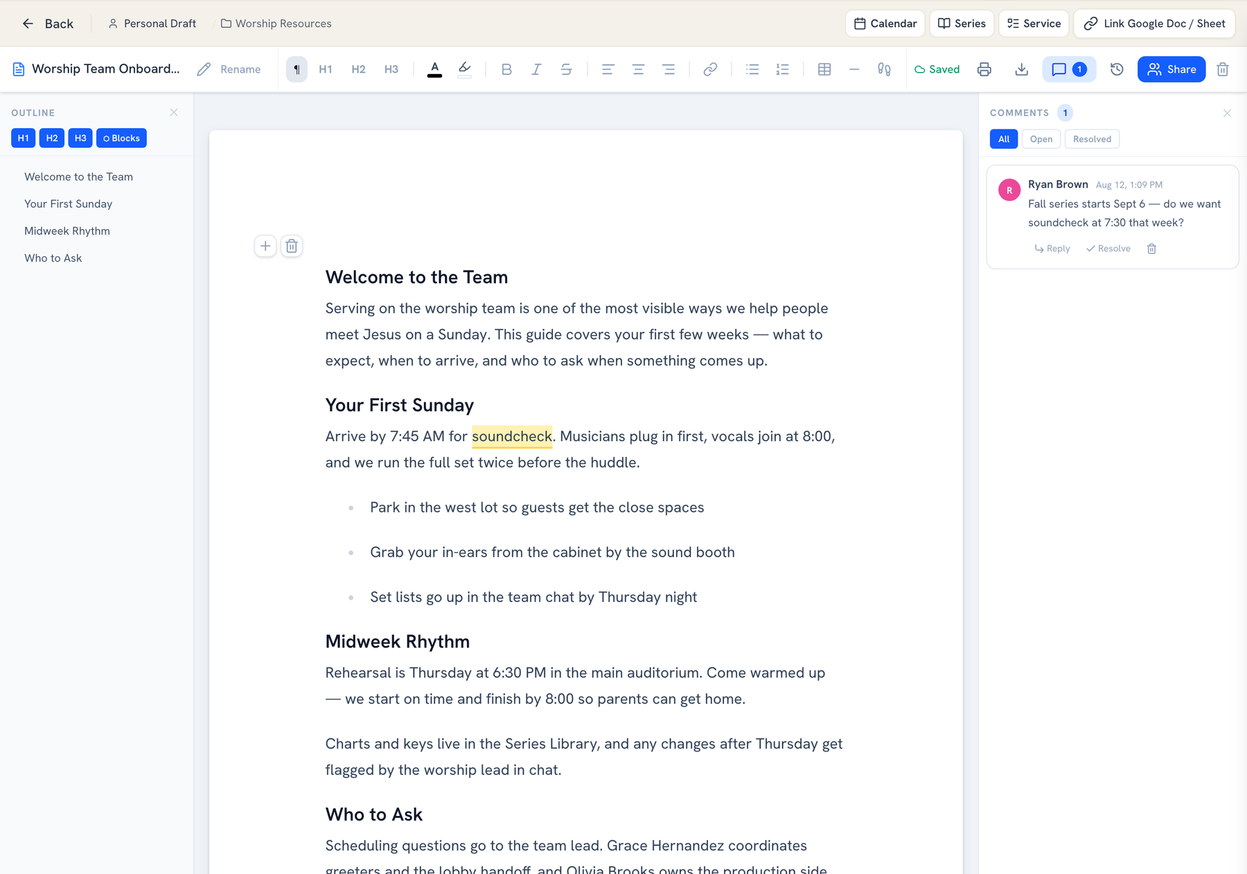 Collaborative church document editor: a worship team onboarding doc with rich-text toolbar, auto-built outline, a highlighted phrase, and an inline comment thread beside the text
