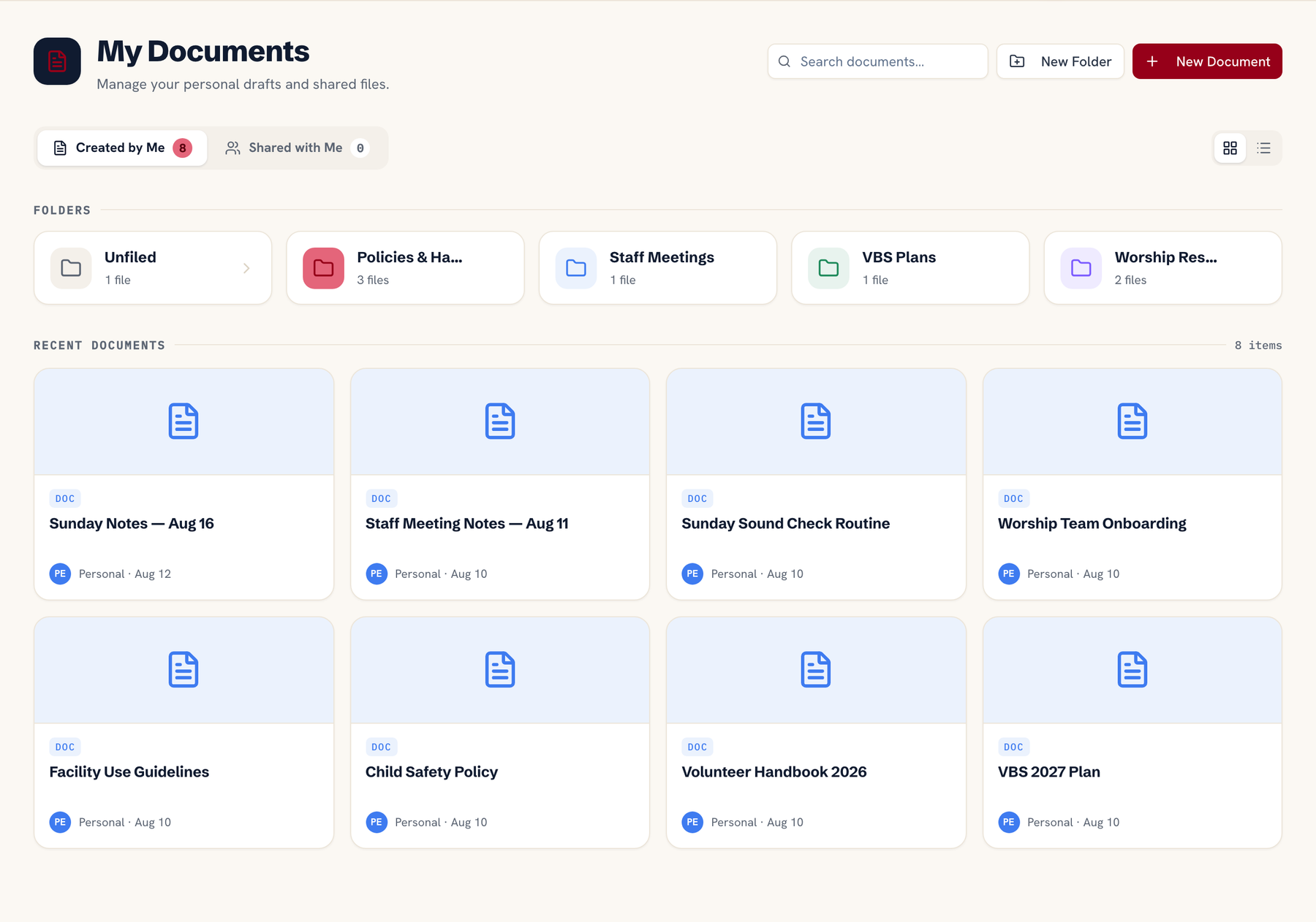 Organized church document library: color-coded folders for policies, staff meetings, VBS plans and worship resources above a grid of recent documents with search