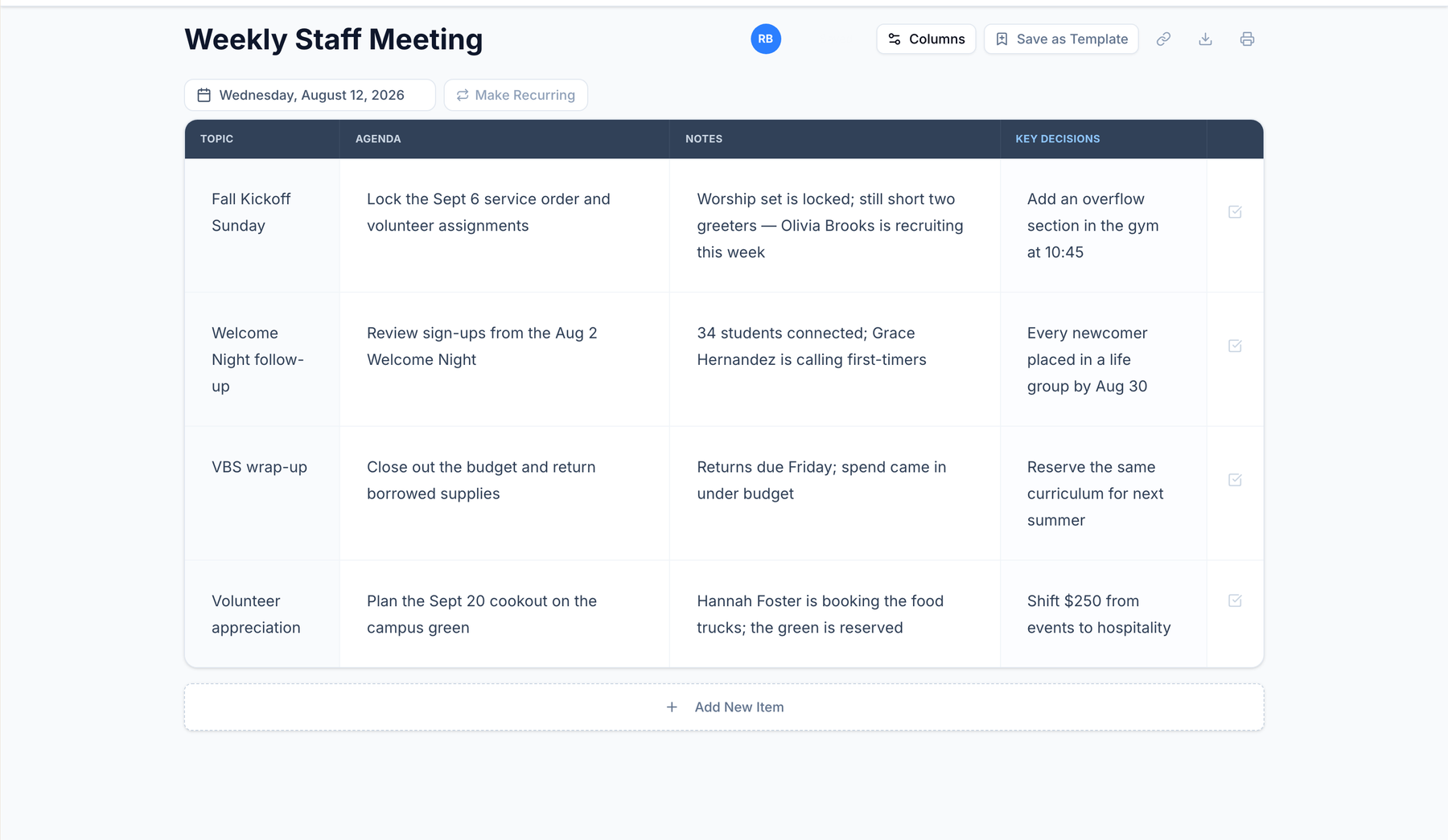Structured church staff meeting notes: a table doc with topic, agenda, notes, and key-decision columns covering fall kickoff, welcome night follow-up, VBS wrap-up, and volunteer appreciation