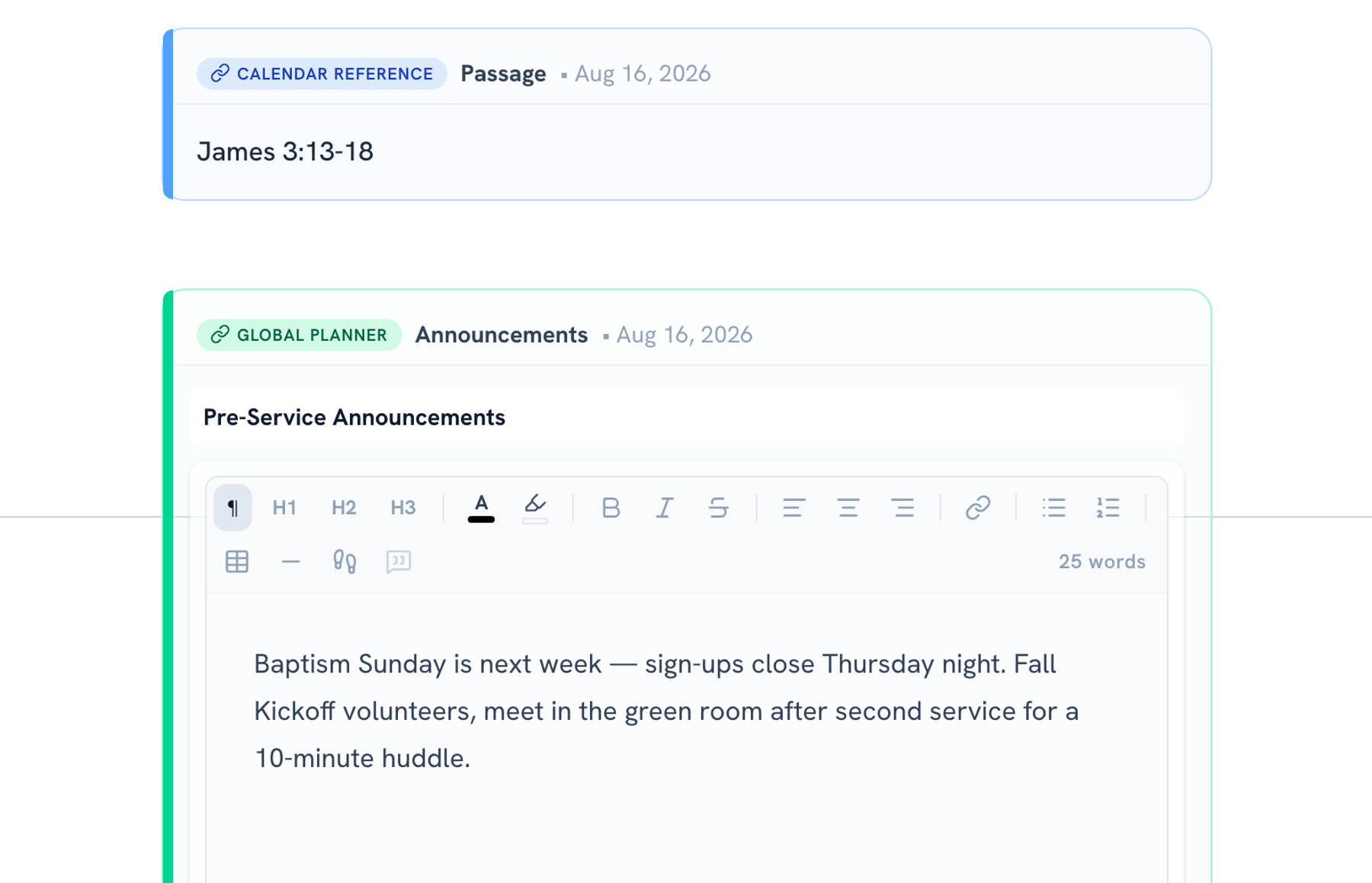 Live service planner blocks embedded in a church document: a calendar reference block showing the Sunday passage and a writable announcements block that syncs edits back to the service planner