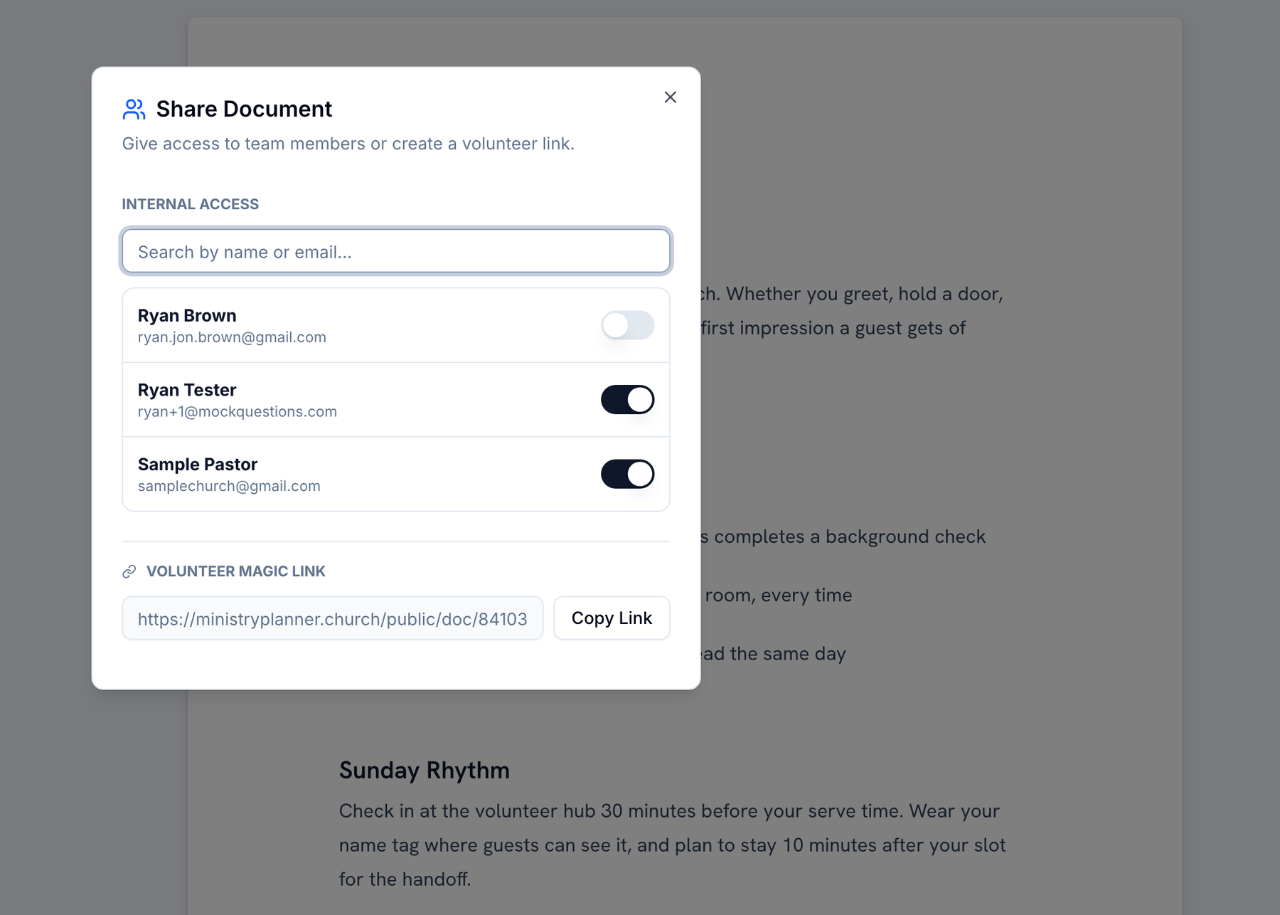 Church document sharing dialog: per-person access toggles for team members and a volunteer magic link that lets anyone view the handbook without logging in
