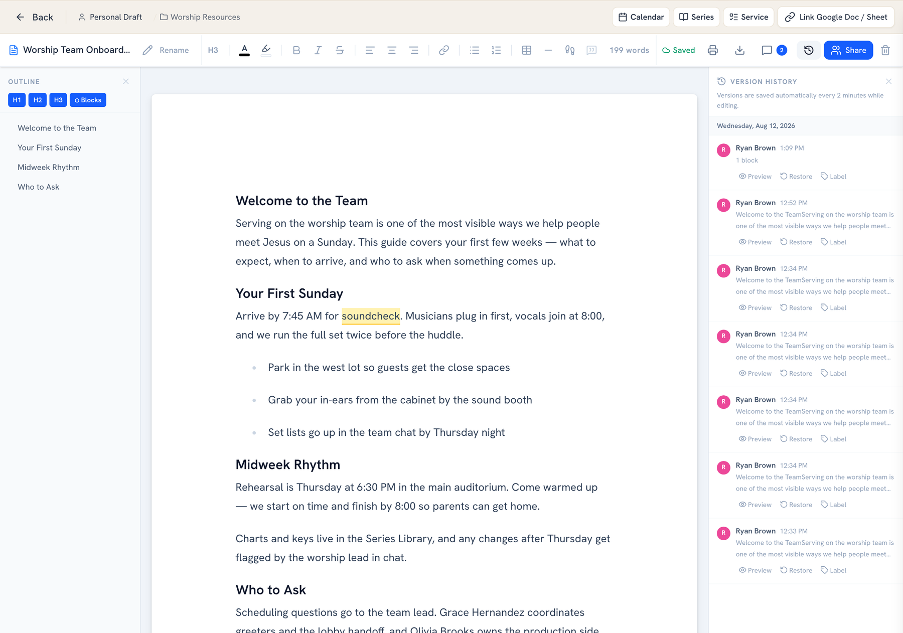 Automatic document version history for ministry teams: a panel of timestamped checkpoints with author, content preview, and preview, restore, and label actions for each version