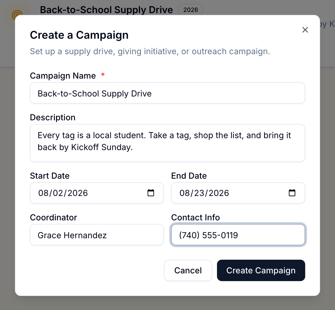 Church supply drive software: the Create a Campaign dialog with a Back-to-School Supply Drive named, dates set, and a coordinator assigned