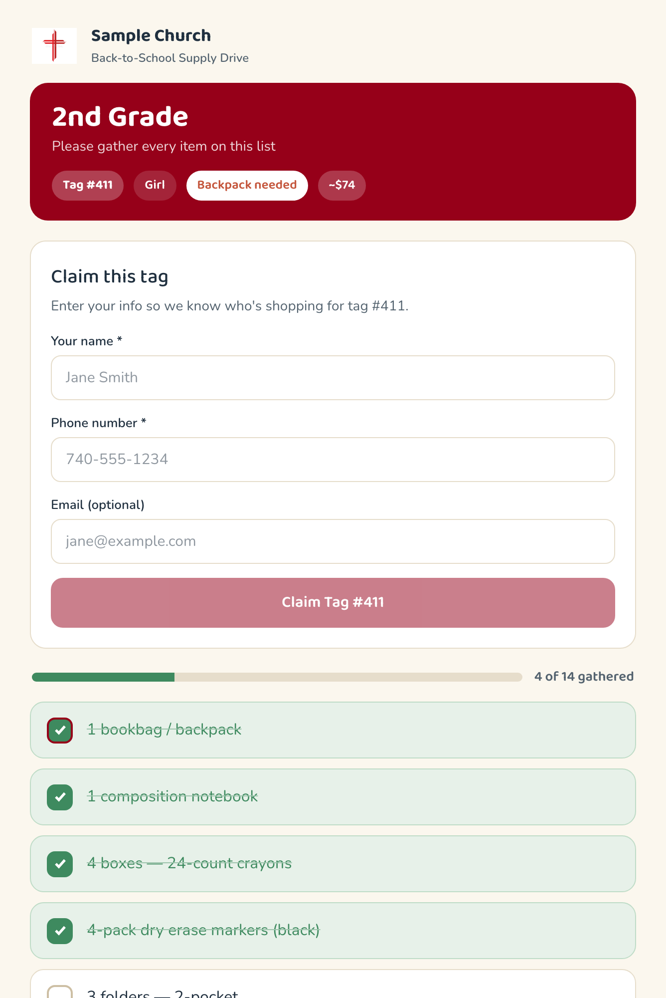Mobile shopping list for a school supply drive tag: a 2nd-grade supply checklist with a claim form, backpack-needed flag, cost estimate, and progress bar as items are checked off