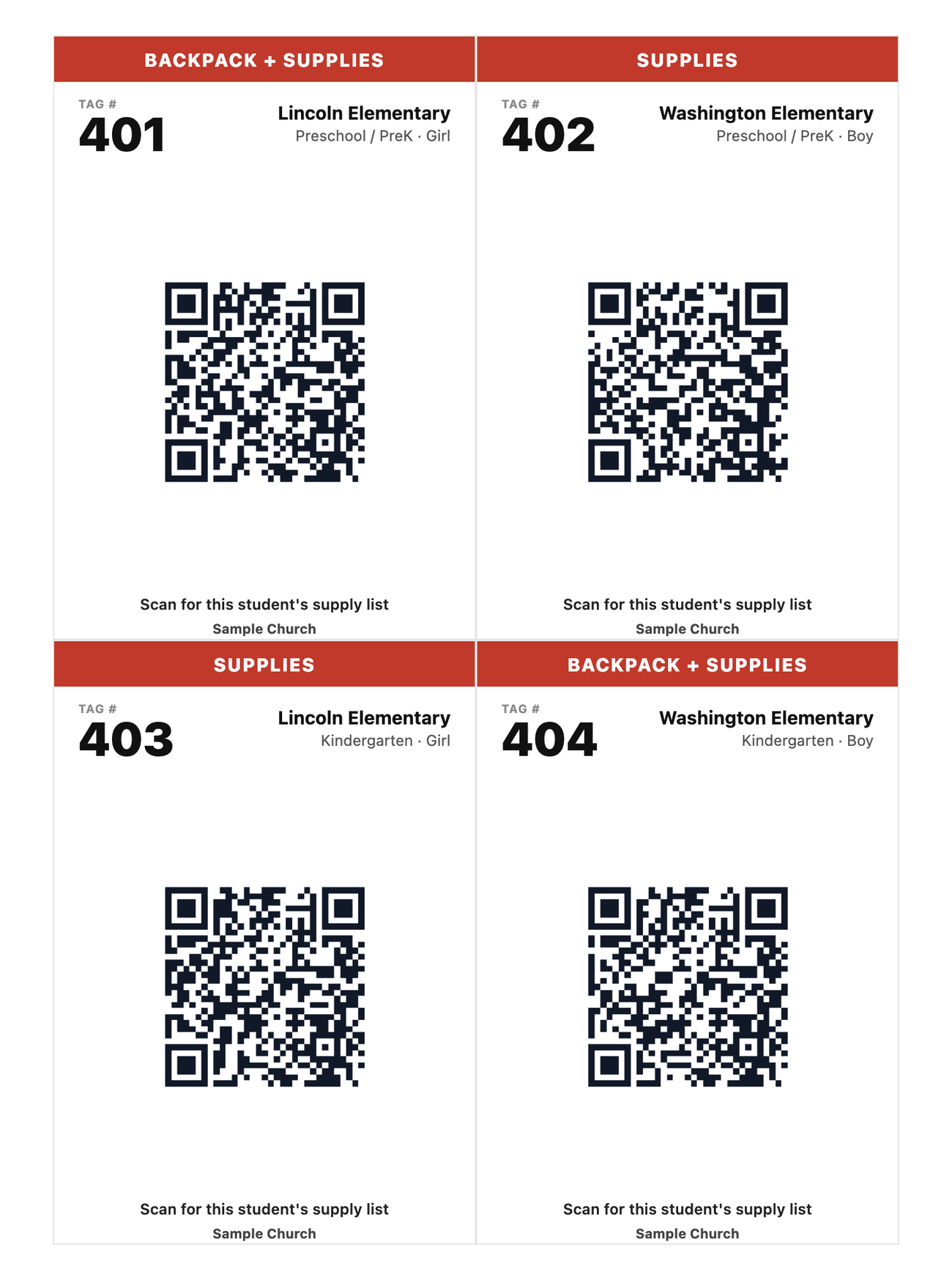 A printed sheet of church supply drive tags on Avery 5168 labels, four to a page: each tag has a red banner reading backpack plus supplies or supplies, a large tag number, the student's school and grade, a QR code, the call-to-action "Scan for this student's supply list", and the church's name
