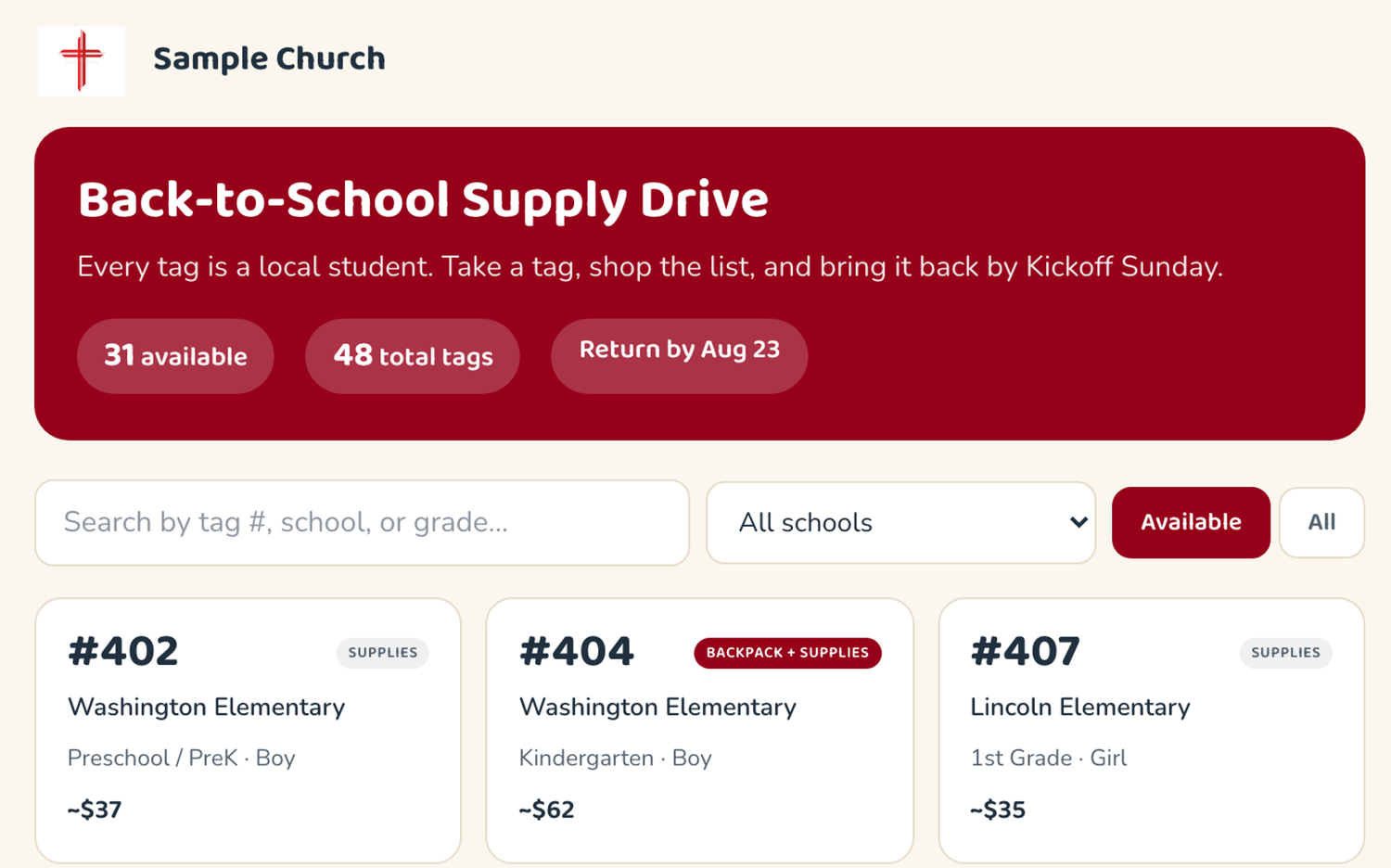 A church's public supply drive page: the church's own logo and name above a banner reading Back-to-School Supply Drive — every tag is a local student — with counts of tags available and remaining, a return-by date, search and school filters, and cards for individual students showing school, grade, estimated cost and whether a backpack is needed