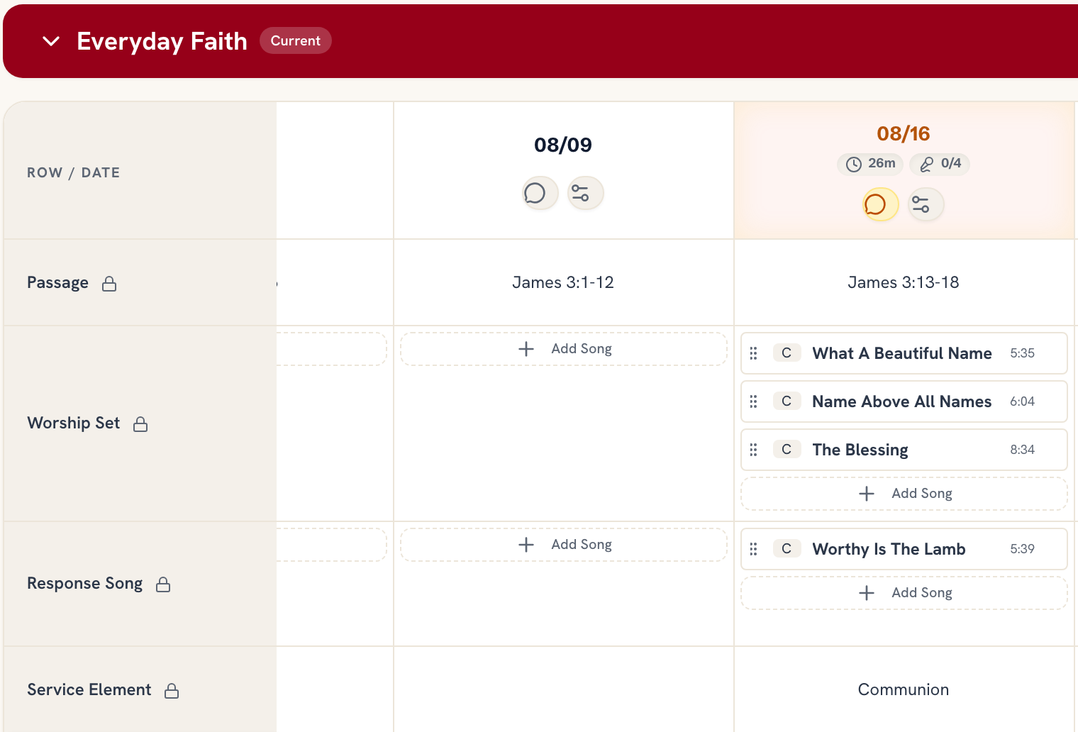 The Service Planner master matrix: the Everyday Faith series with columns for 08/09 and 08/16, and rows for passage, worship set, response song and service element
