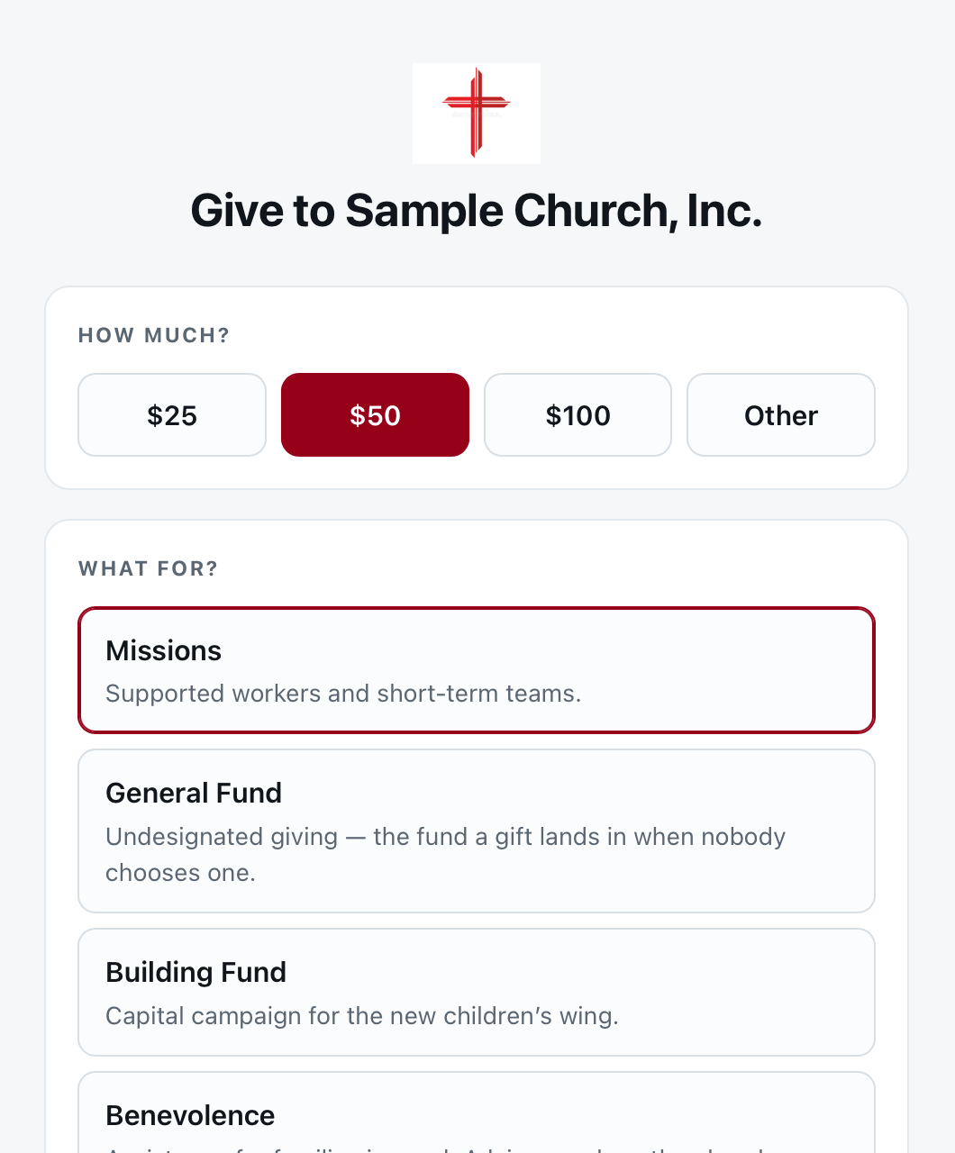 A church's give page in its own colors: amount buttons and a list of funds to give to