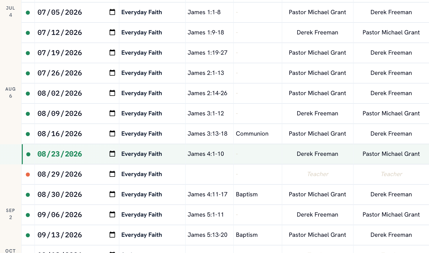 The Ministry Planner teaching calendar listing each Sunday of a series in James with its passage, its service elements, and the preaching pastor assigned at each of two campuses