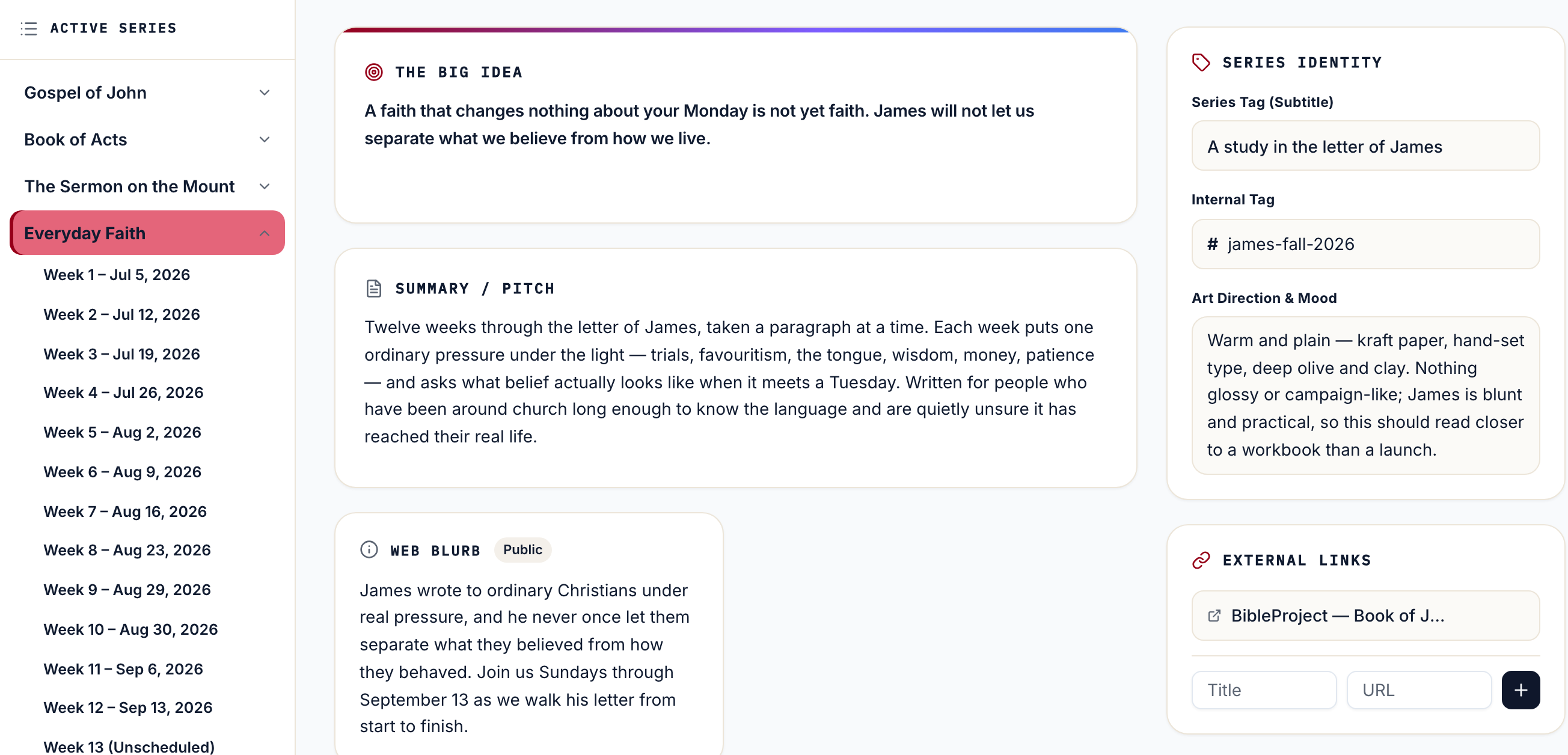 Sermon planning software: the Ministry Planner series workspace showing a preaching series' big idea, summary, public web blurb, series subtitle and art direction notes alongside a rail listing all fourteen weeks of the series