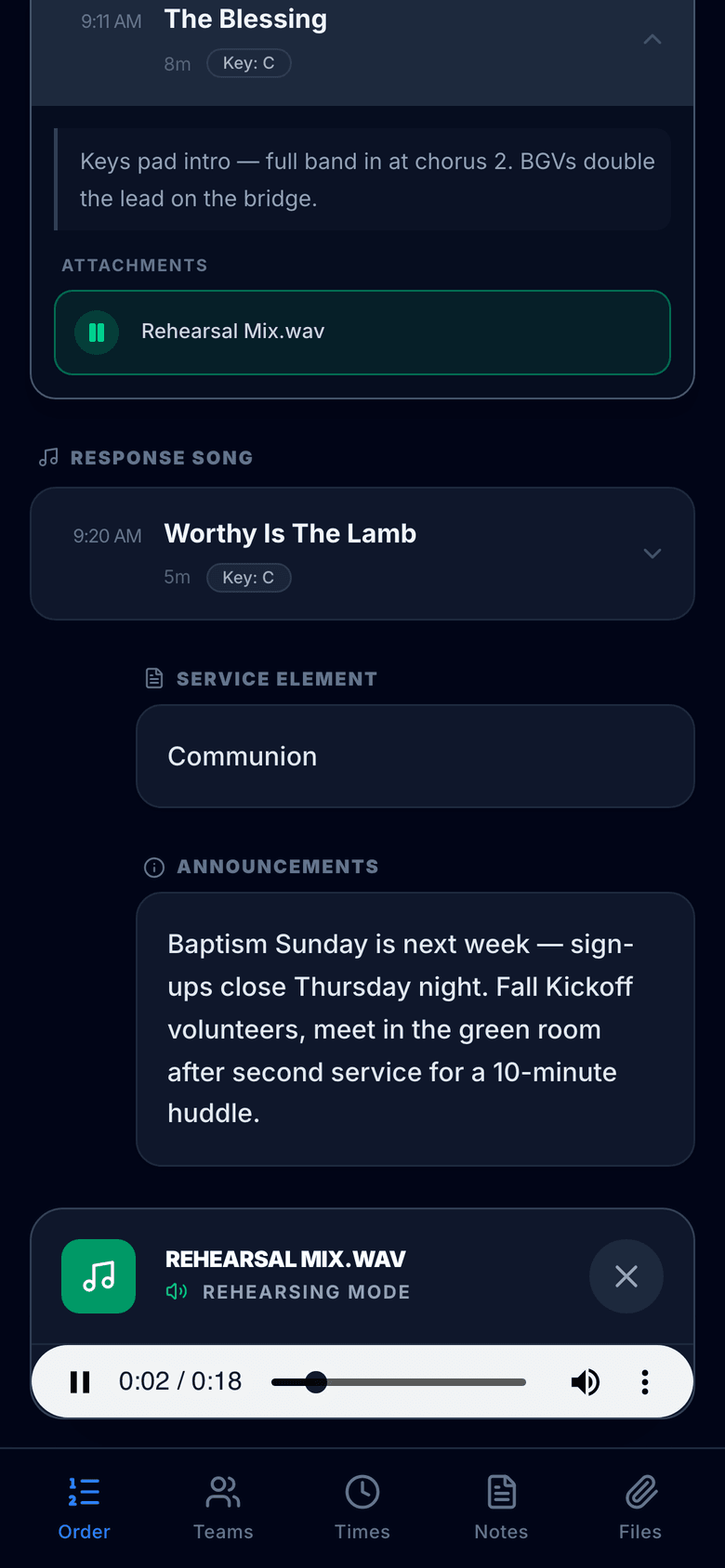 A rehearsal track playing from a song card, with a mini-player