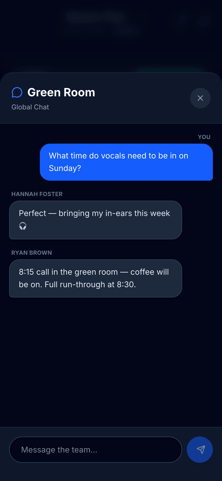 The Green Room team chat for the service
