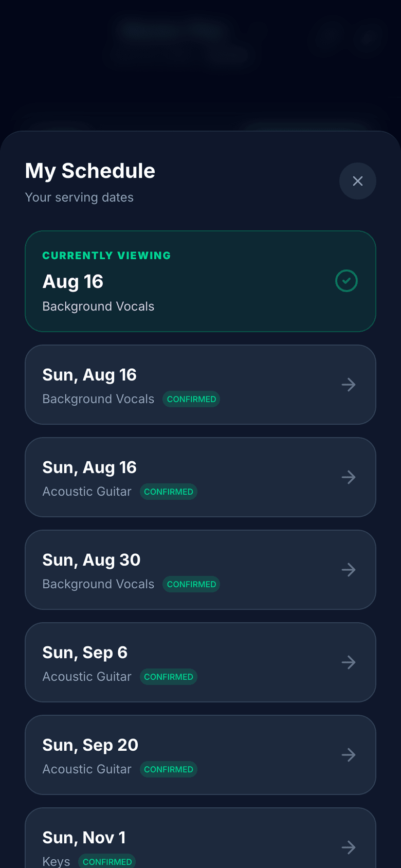 A volunteer's upcoming serving dates, all from one link