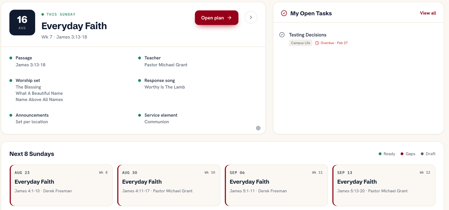 Church operations software: the Ministry Planner staff dashboard showing this Sunday's passage, teacher, worship set and service element alongside open tasks and the next eight Sundays with their readiness flagged