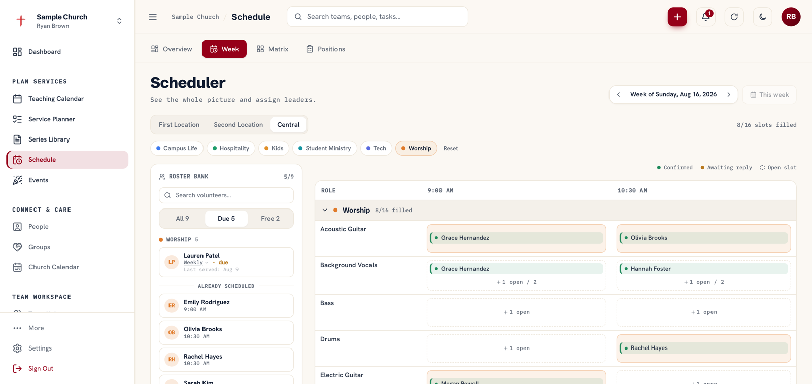 Church volunteer scheduling software: the Ministry Planner week scheduler with a searchable roster bank on the left showing who is due to serve, and every worship role across both service times on the right, with confirmed volunteers next to the slots still open