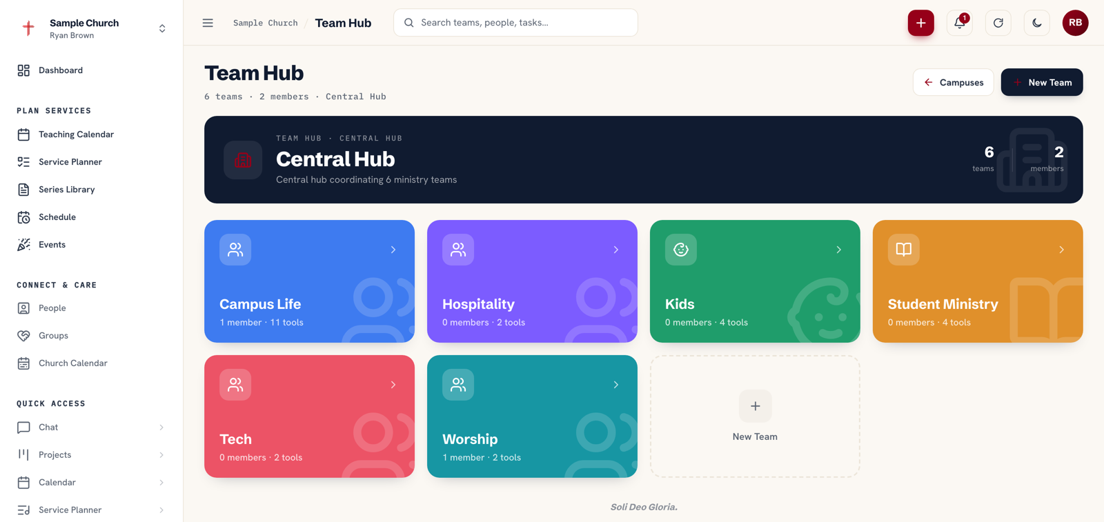 Church team management software: the Ministry Planner Team Hub showing six ministry team workspaces — Campus Life, Hospitality, Kids, Student Ministry, Tech and Worship — each with its own member count and the tools switched on for it