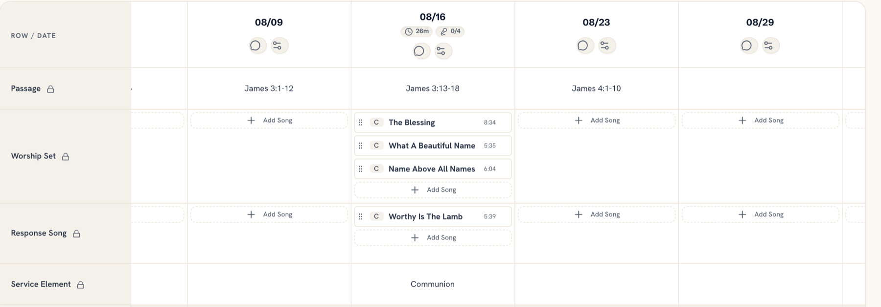 Church service planning software: the Ministry Planner Service Planner matrix with each Sunday as a column, showing the passage carried through from the teaching calendar alongside the worship set, response song and service elements