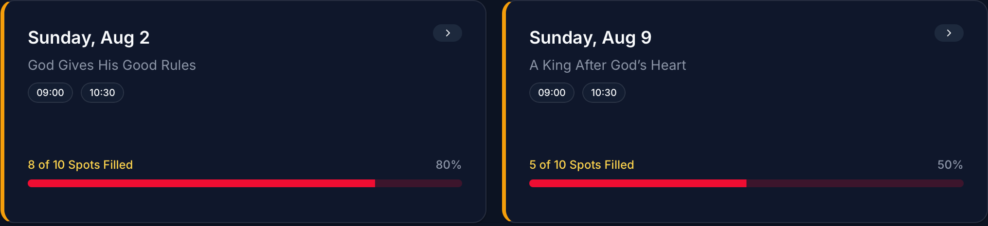 Upcoming service cards showing spots filled and a completion bar for each Sunday
