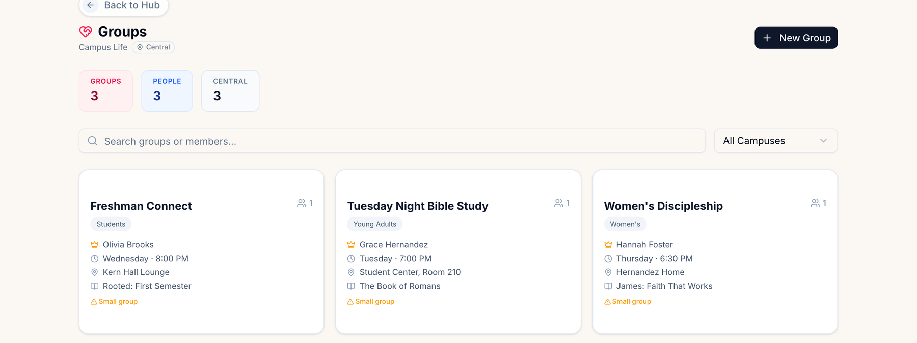 Church small group management: three Campus Life groups, each showing its leader, meeting day and time, location and the curriculum it is working through