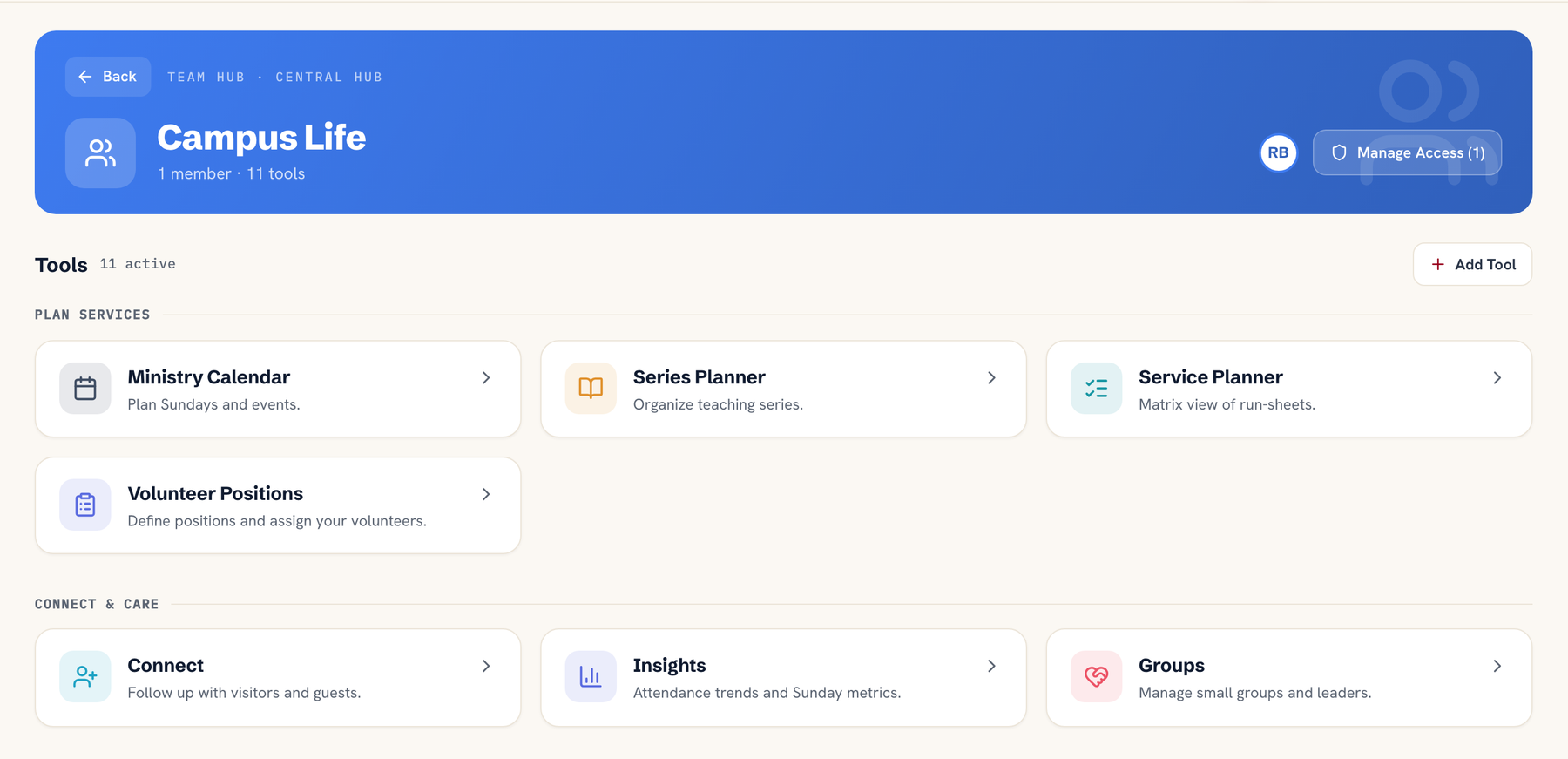 Church team management software: a Ministry Planner team hub for the Campus Life ministry, showing its eleven active tools grouped into plan services, connect and care, and team workspace