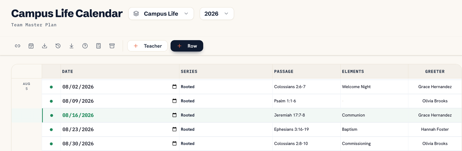 Ministry team planning: the Campus Life team master plan listing each Sunday of its own Rooted series with the passage, the service element and the greeter on duty