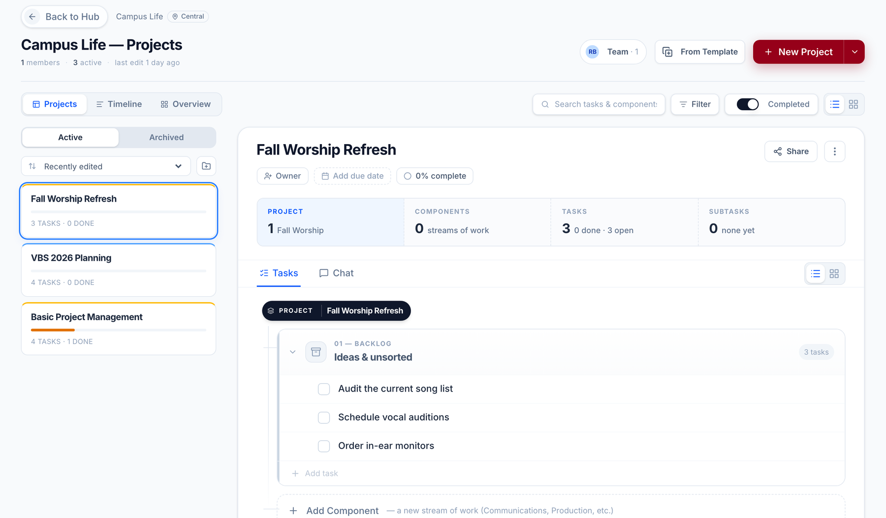 Church project management: the Campus Life project board with three active projects and a task list broken into backlog components