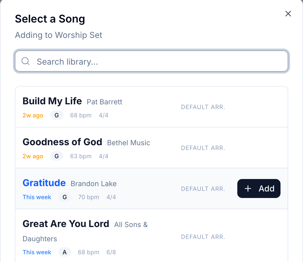 The Ministry Planner song picker showing a church's worship songs with the key, tempo, meter and how many weeks ago each one was last played